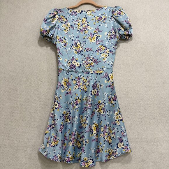Zara Dress Womens Small Blue Floral Puff Sleeve Fit & Flare Mini Satin Sundress - Picture 13 of 14